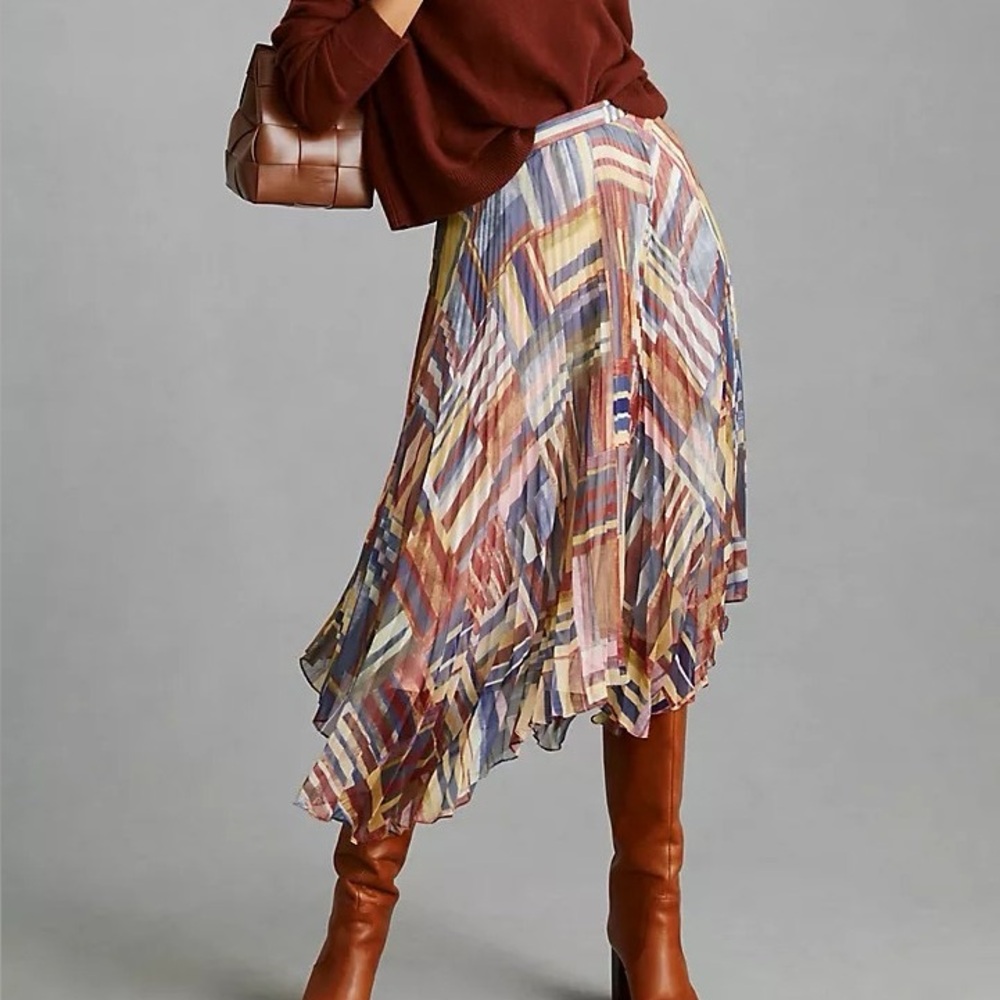 RANNA GILL  ANTROPOLOGIE Pleated Midi Skirt Size M Earthones Asymmetrical Multi
